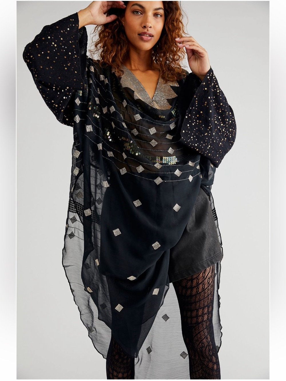 Black Sheer Embellished You’re A Star Kaftan Tunic Metallic Accents Free People